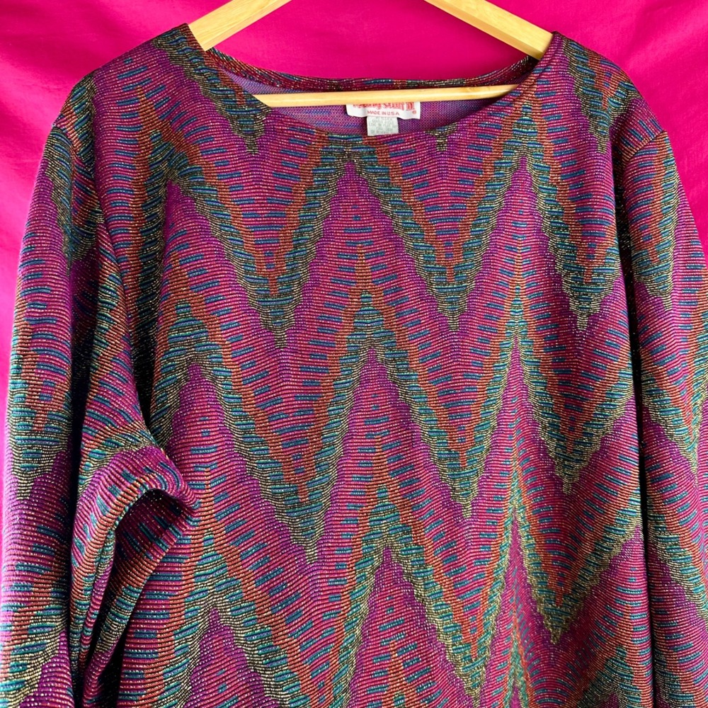 Metallic Vintage 80s 90s Chevron Knit Tunic Top Pink Sparkle 3X Holiday Glam - Picture 16 of 17